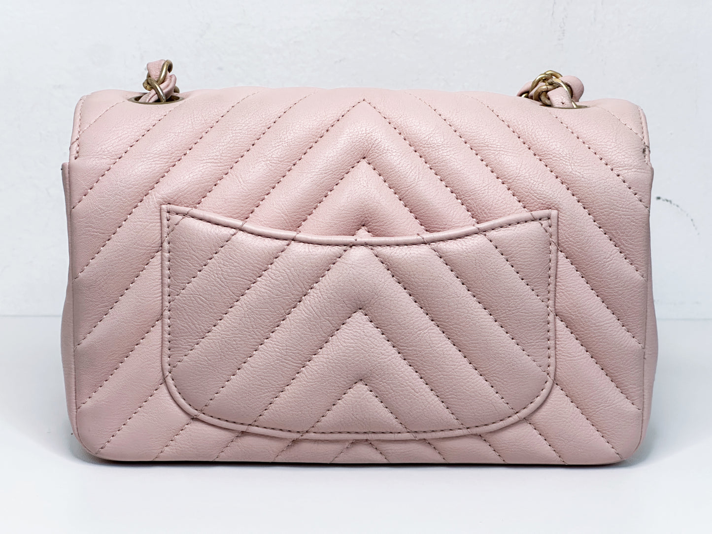 Chanel Classic Mini Rectangular 17C Light Pink Chevron Calfskin with brushed gold hardware 2383 holo card