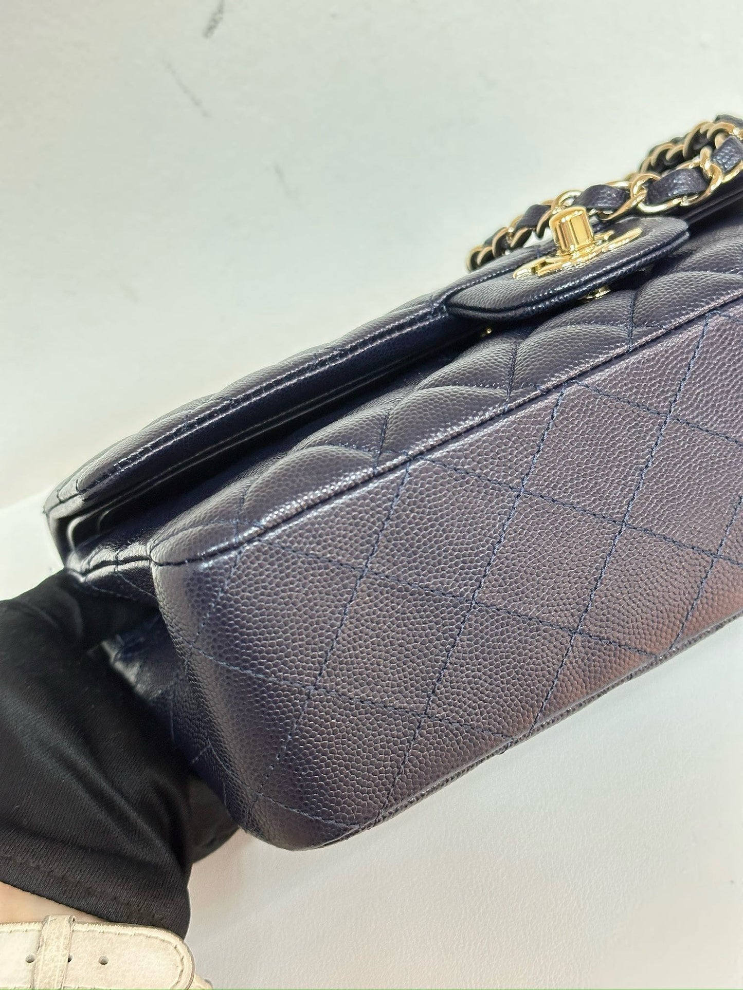 Chanel Medium Classic Caviar Double Flap Navy Blue Bag LSHW 2021year Microchip
