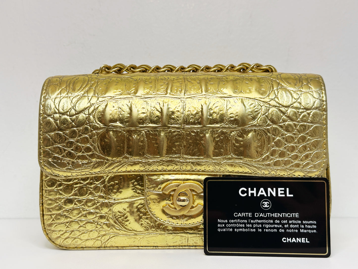 Chanel Mini Calfskin Crocodile Embossed Rectangular Gold Metallic Flap Bag 2813 holo card