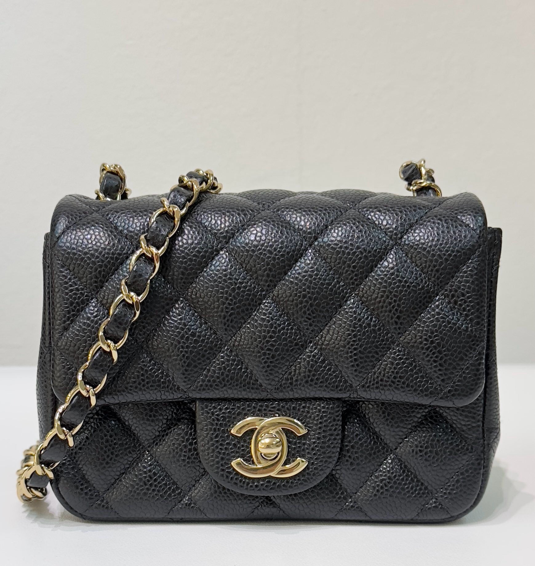 Chanel Mini Square Caviar Flap Bag Black GHW 25 holo card (Chain