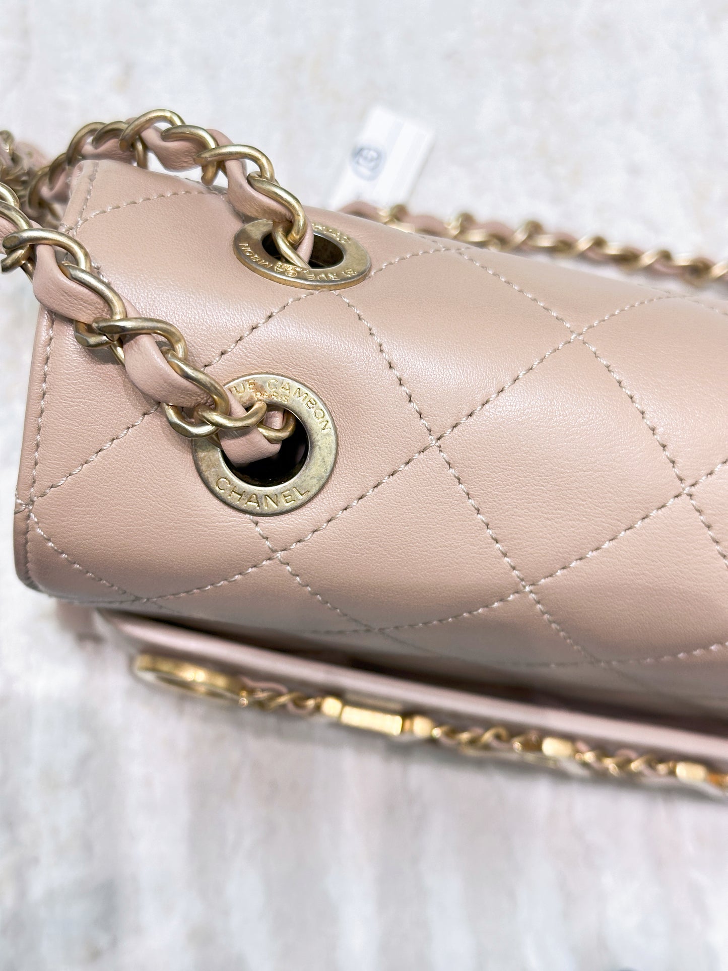 Chanel Engraved Flap Dark Beige Lambskin Gold Hardware