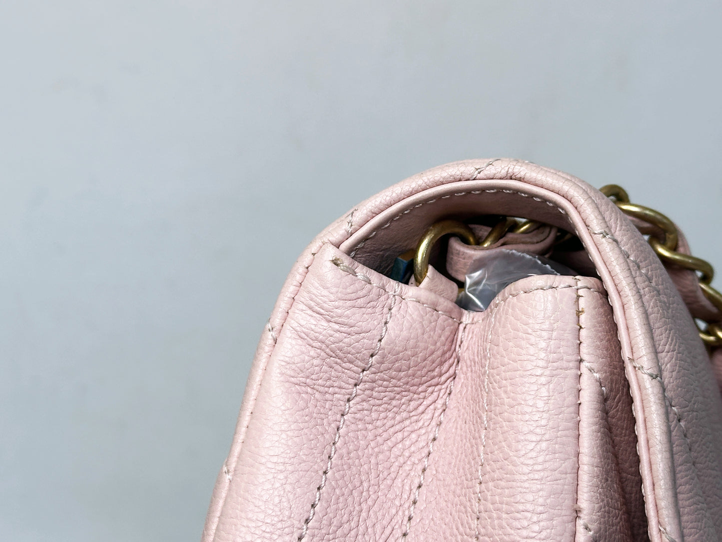 Chanel Classic Mini Rectangular 17C Light Pink Chevron Calfskin with brushed gold hardware 2383 holo card