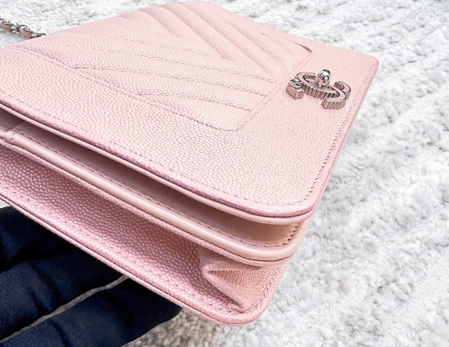 CHANEL Metallic Caviar Chevron Quilted Vintage Mademoiselle Wallet On Chain WOC Pink