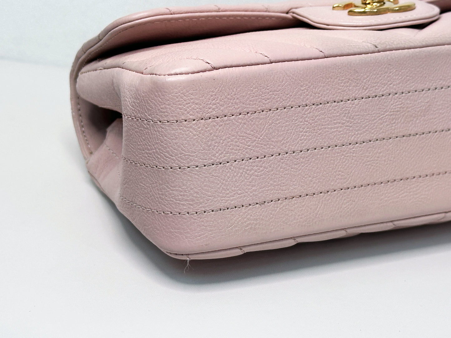 Chanel Classic Mini Rectangular 17C Light Pink Chevron Calfskin with brushed gold hardware 2383 holo card