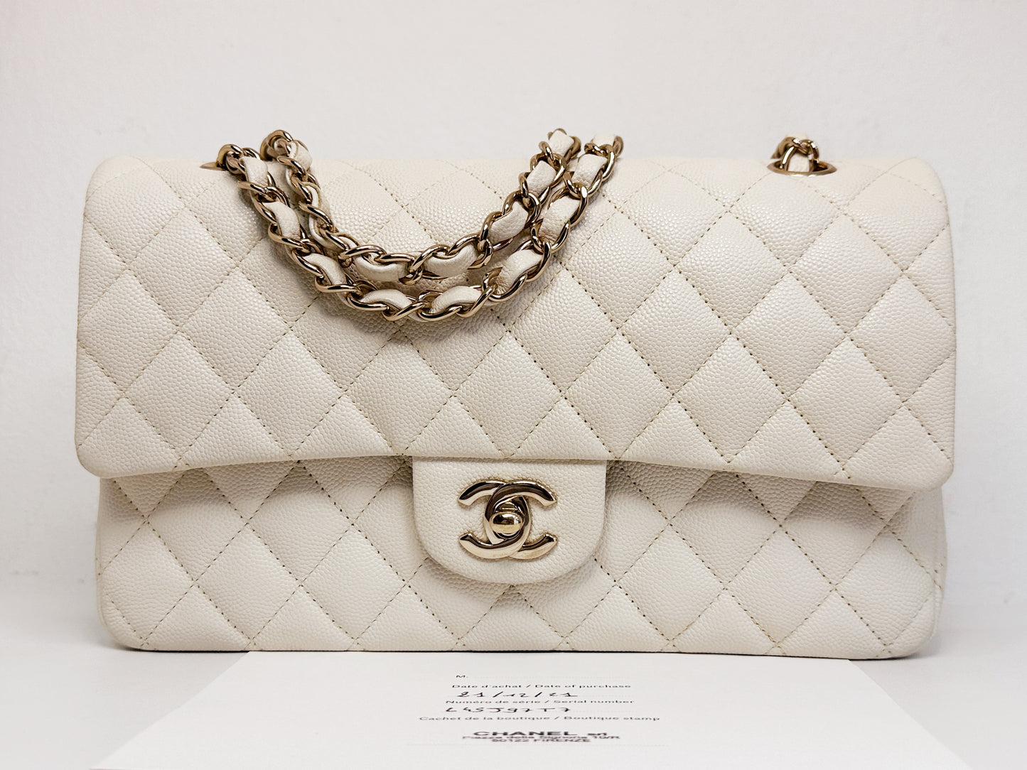 Chanel Medium Caviar Classic Quilted Double Flap White Light Beige Bag LGHW L45J microchip