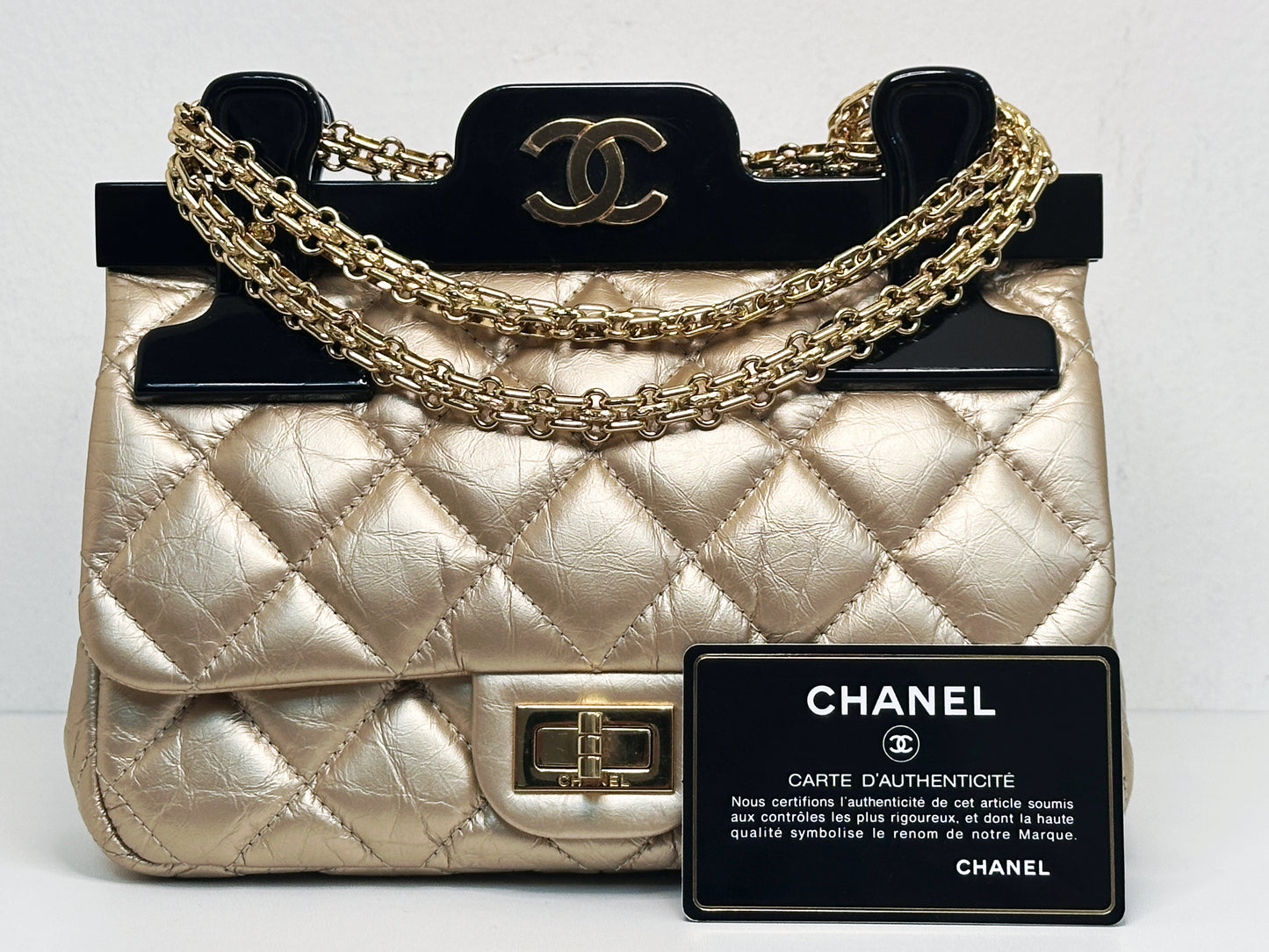 Chanel Aged Calfskin Quilted 2.55 Reissue Mini Hanger Flap Gold 2355 holo card