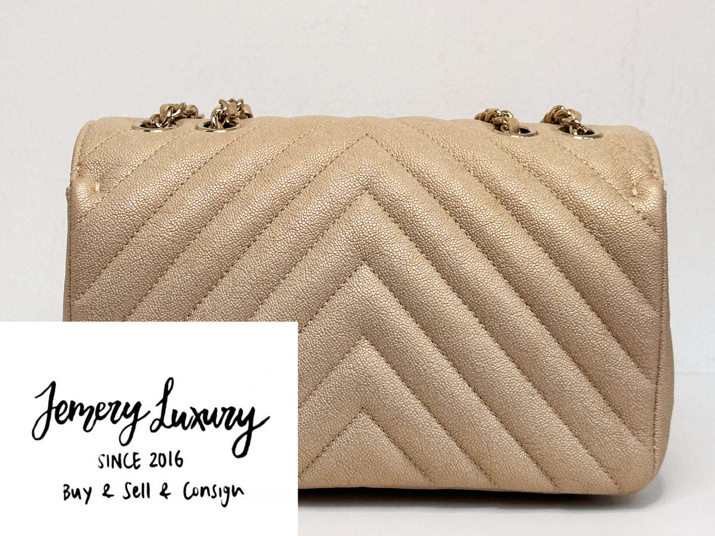 Chanel Mini Statement Metallic Caviar Chevron Quilted Flap Beige LGHW 2835 holo card