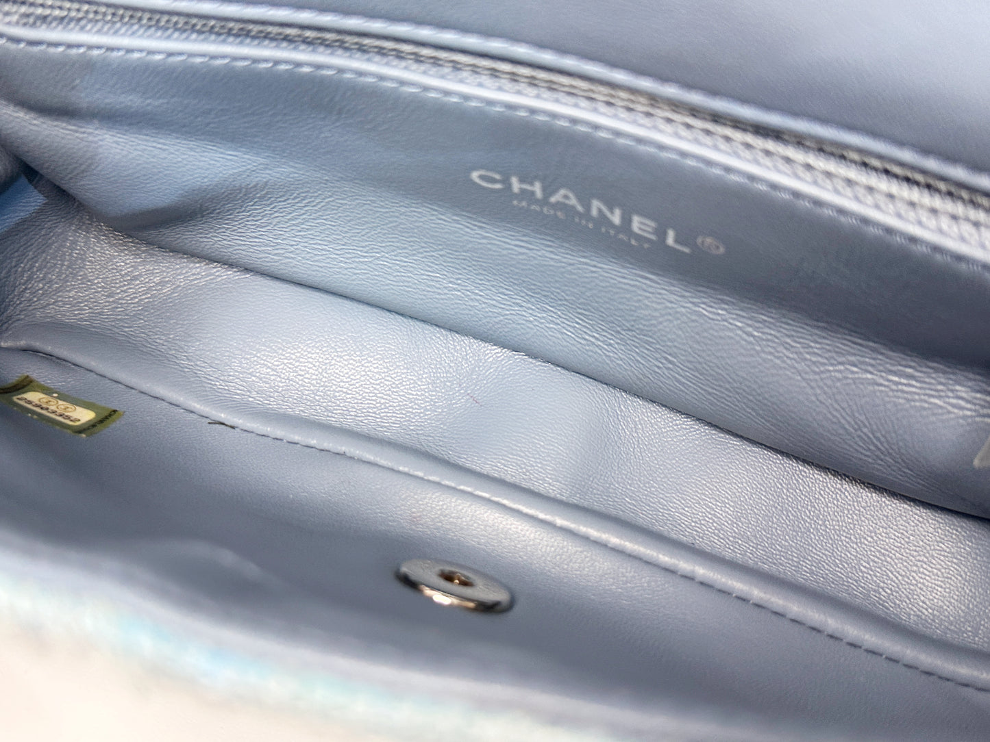 Chanel Sequin Mini Waterfall Light Blue Flap Bag 2590 holo card