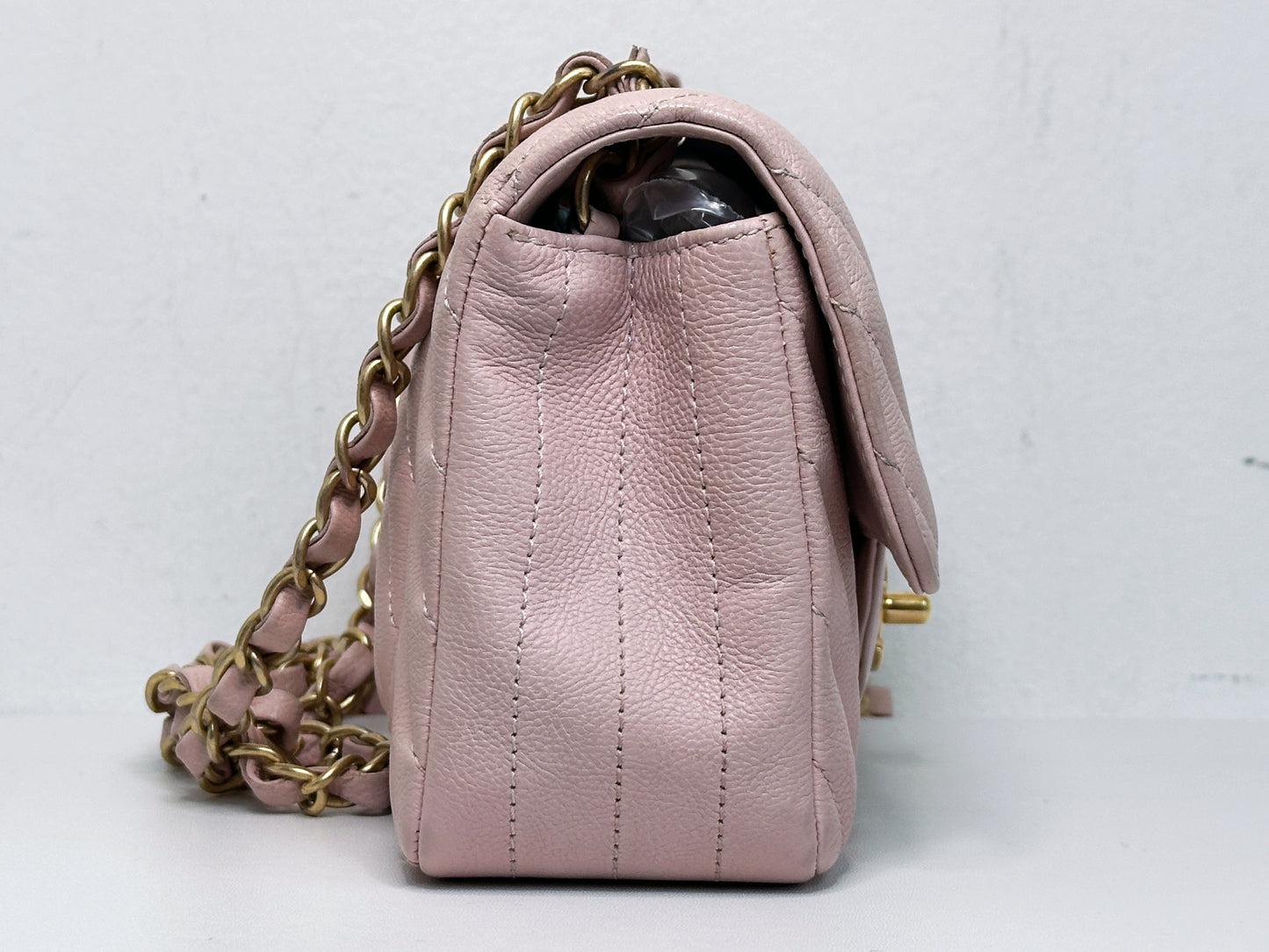 Chanel Classic Mini Rectangular 17C Light Pink Chevron Calfskin with brushed gold hardware 2383 holo card