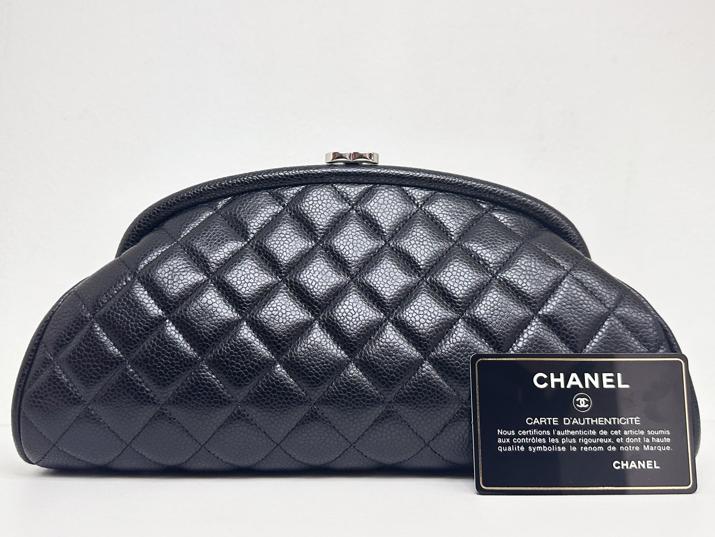 Chanel Quilted Timeless Kisslock Clutch Black Caviar SHW 1915 holo card