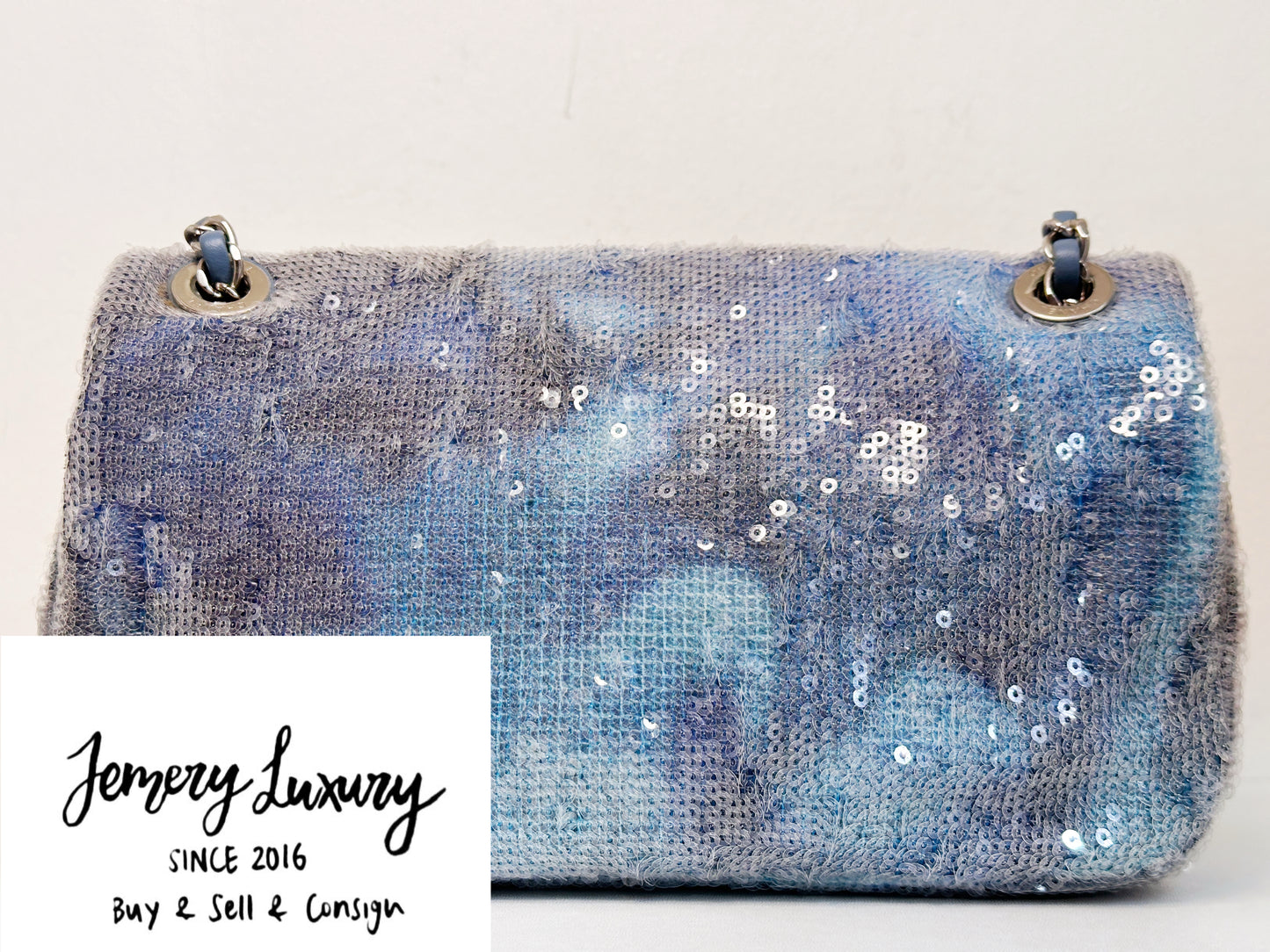 Chanel Sequin Mini Waterfall Light Blue Flap Bag 2590 holo card
