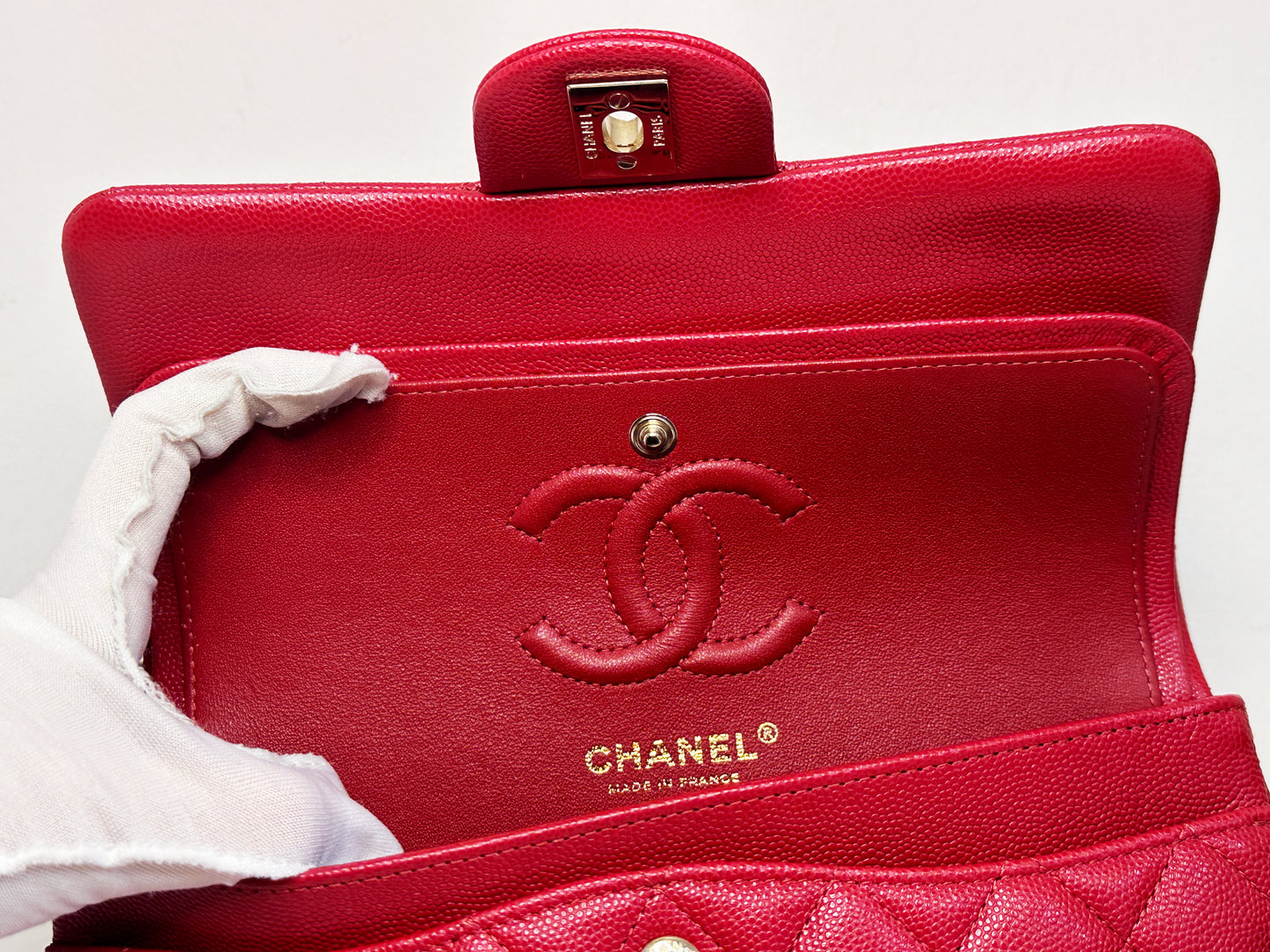 Chanel 19B Small Quilted Caviar Classic Double Flap Bag Red 2851 holo card