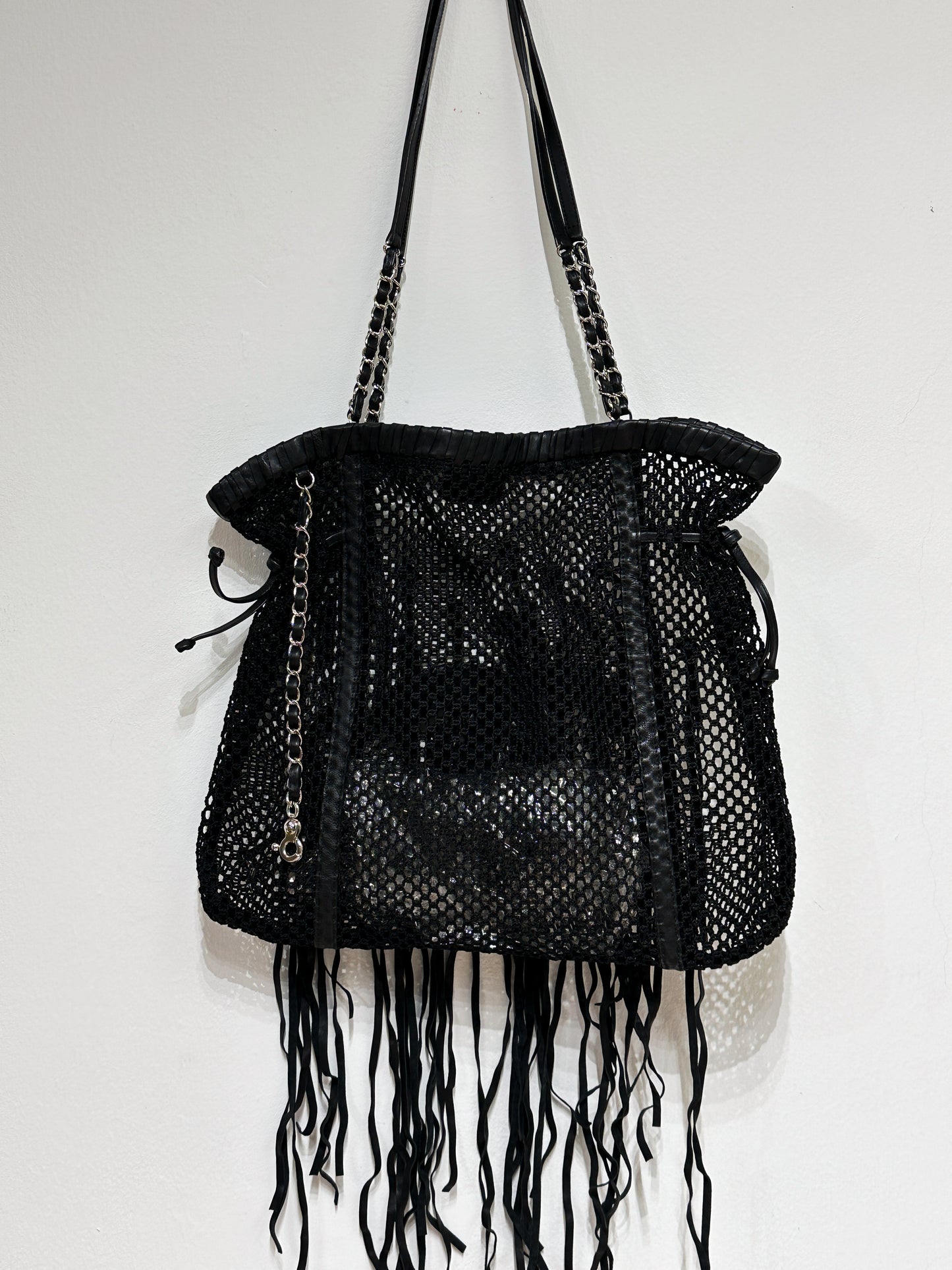 Chanel Limited Edition Resort Black Fringe Mesh Tote Bag 1426 holo