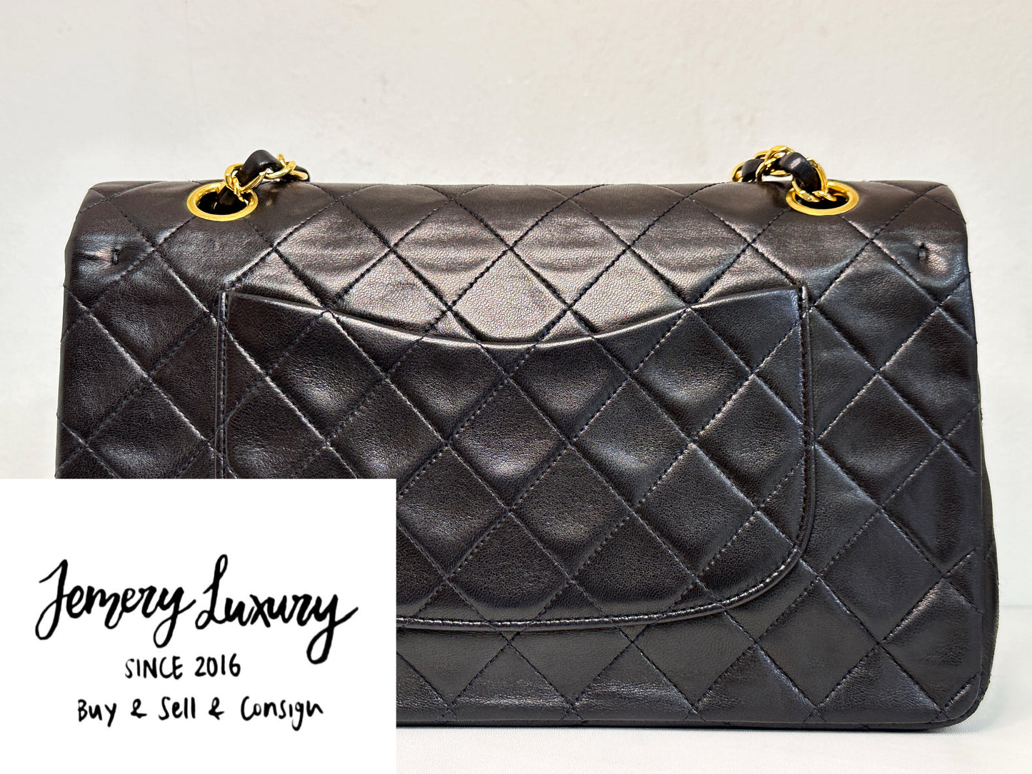 Chanel Vintage Black Quilted Lambskin Medium Classic Double Flap Bag 25 holo card