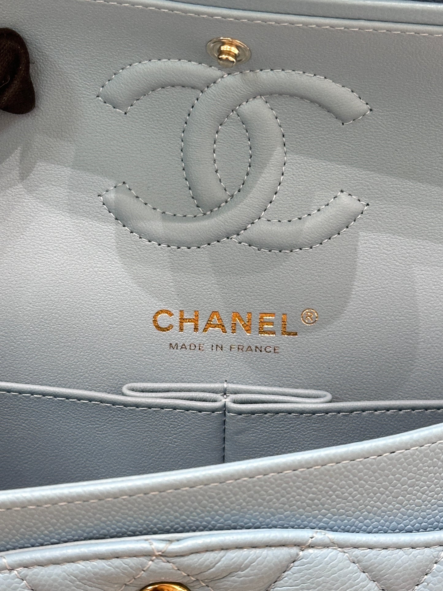 Chanel Small Classic Flap Ligth Blue Caviar Light Gold Hardware