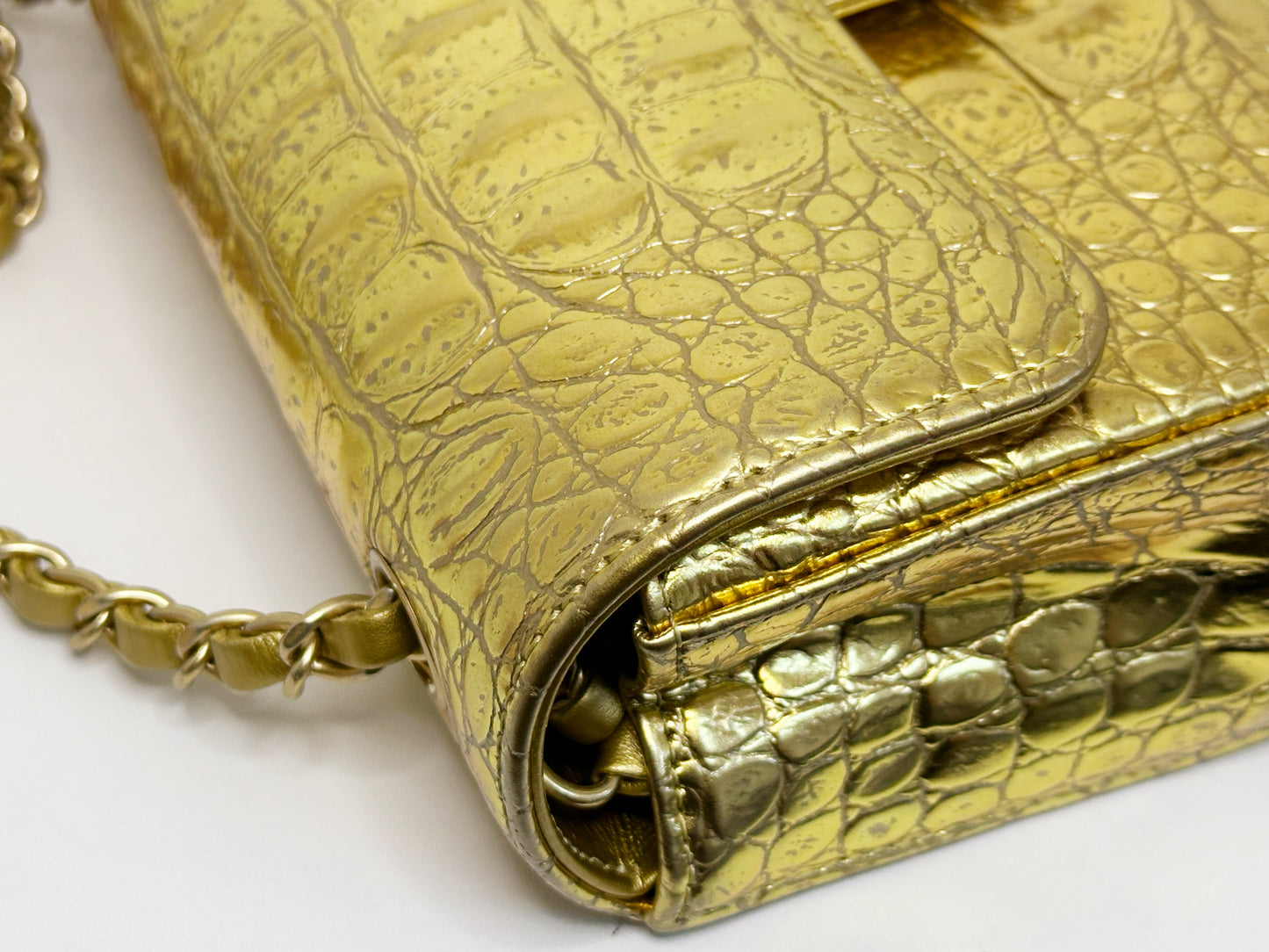 Chanel Mini Calfskin Crocodile Embossed Rectangular Gold Metallic Flap Bag 2813 holo card