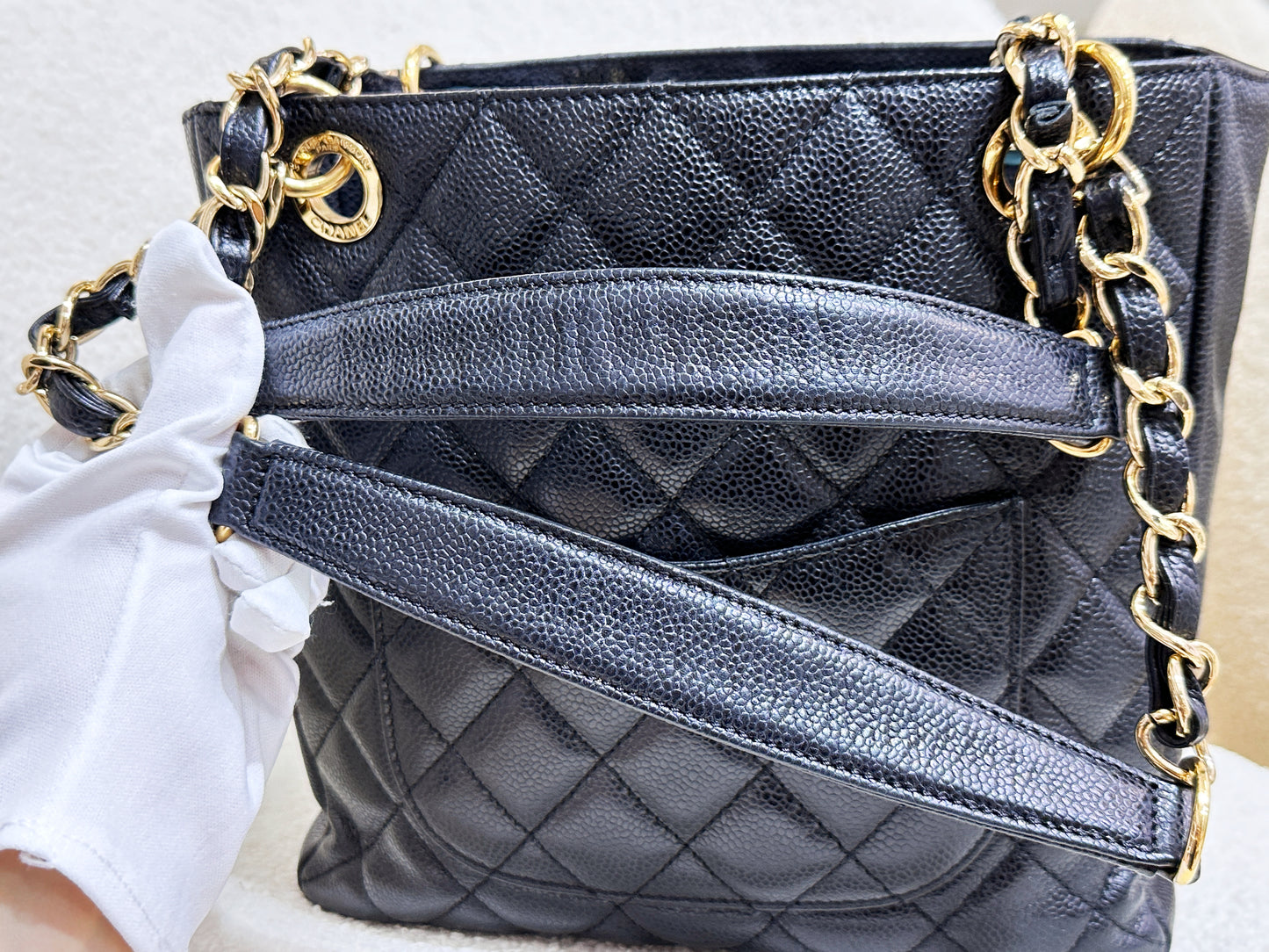 Chanel Caviar Quilted Petit Shopping Tote PST Black GHW 1975 holo card
