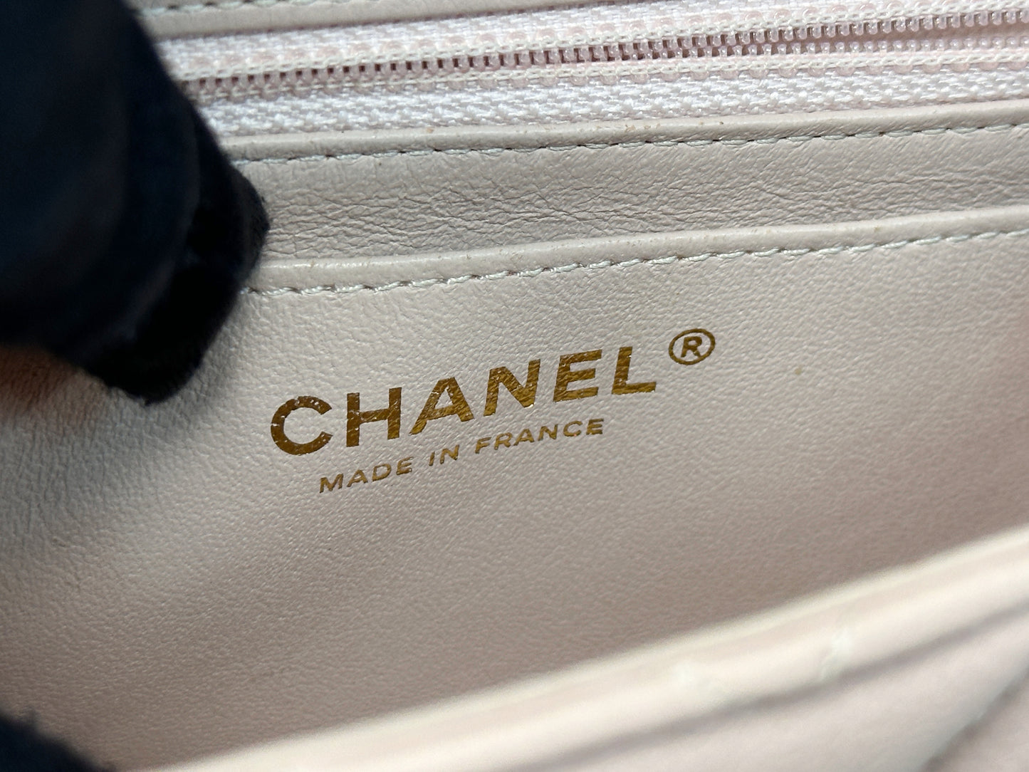 Chanel Classic Mini Rectangular 17C Light Pink Chevron Calfskin with brushed gold hardware 2383 holo card