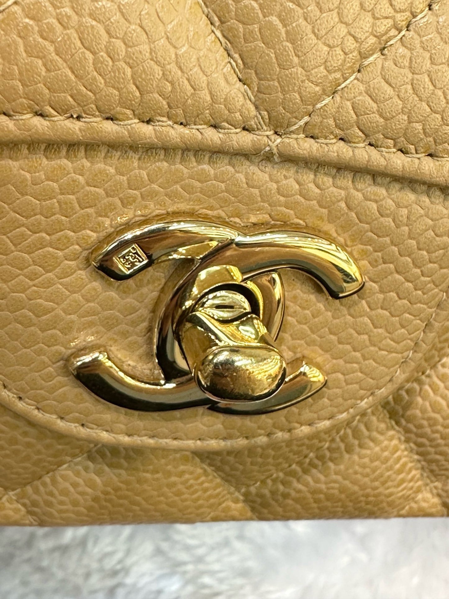 Chanel Medium Caviar Quilted Double Flap Beige Bag 866 Holo