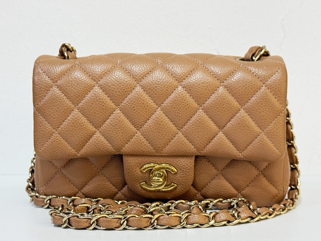 Chanel Classic Mini Rectangular Caviar Dark Beige Bag GHW 2598 holo