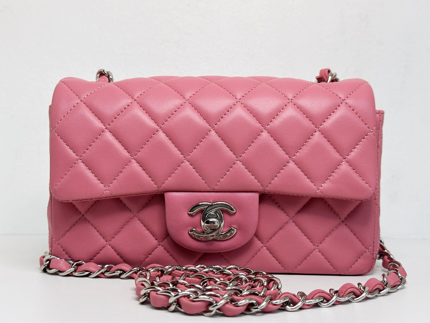 CHANEL Pink Lambskin Quilted Mini Rectangular Flap Bag Pink