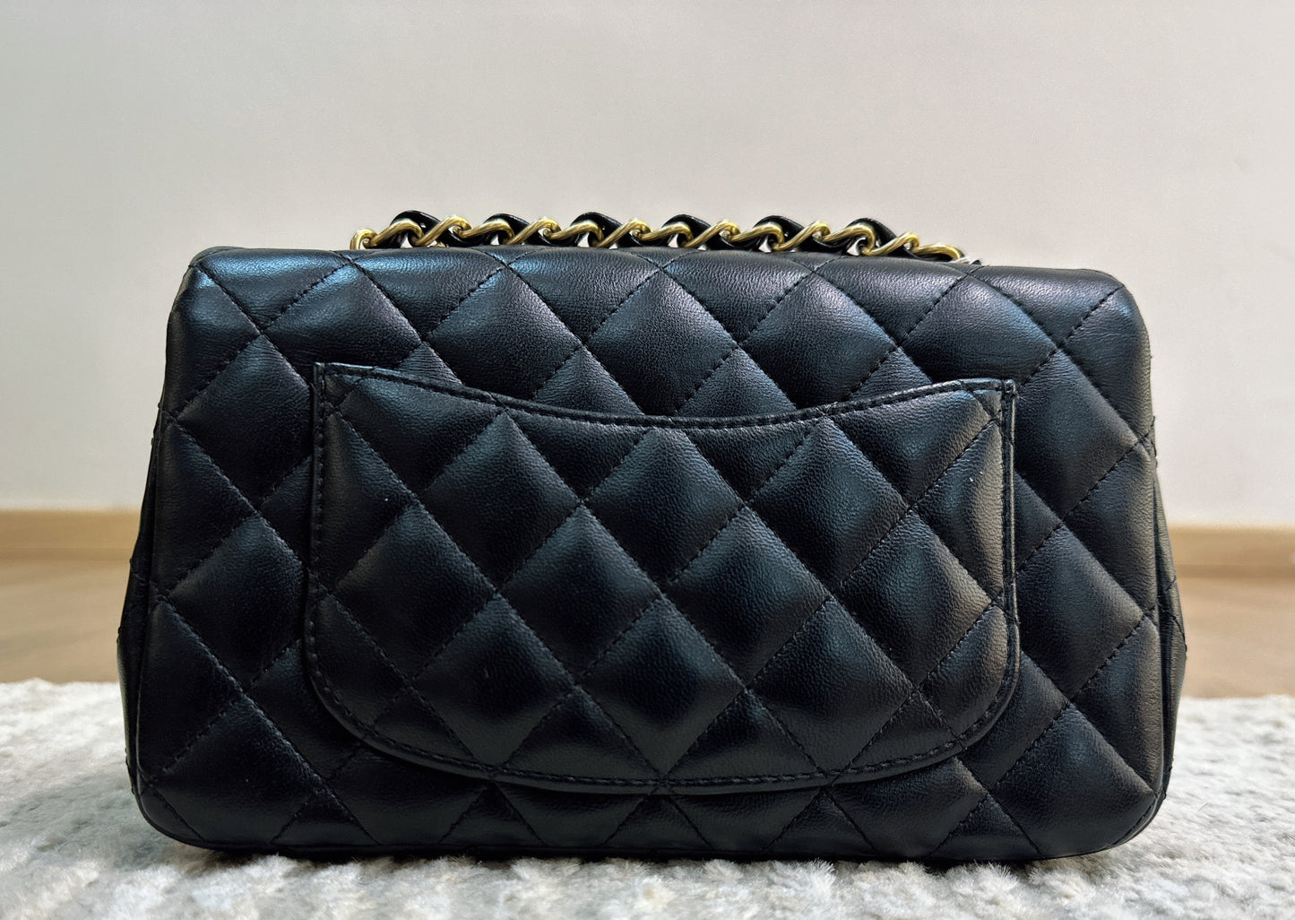 CHANEL Lambskin Quilted Studded Mini Rectangular Flap Black