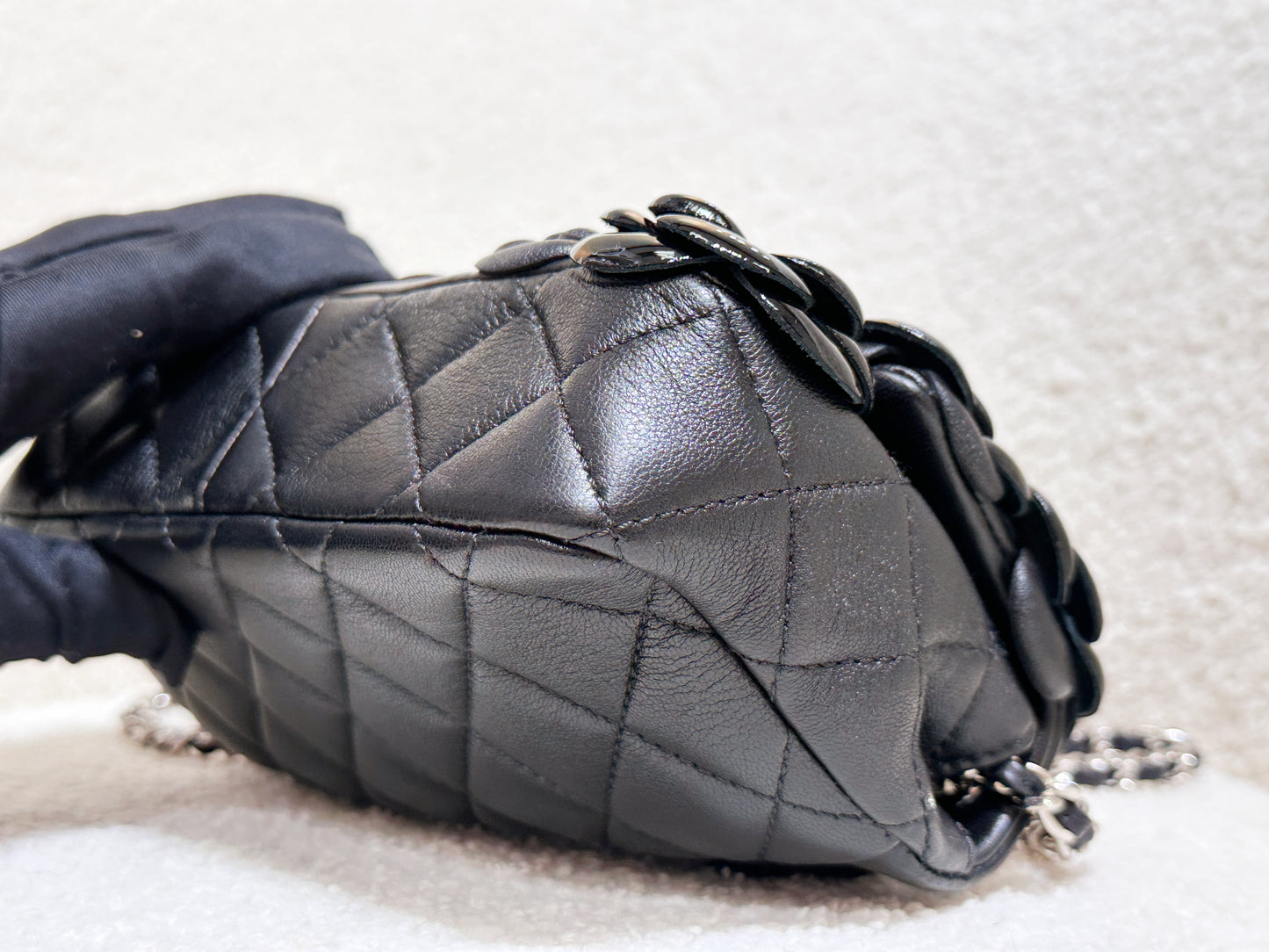 Chanel Camellia Lambskin Patent Around Flap Crossbody Bag Black 2246 holo card