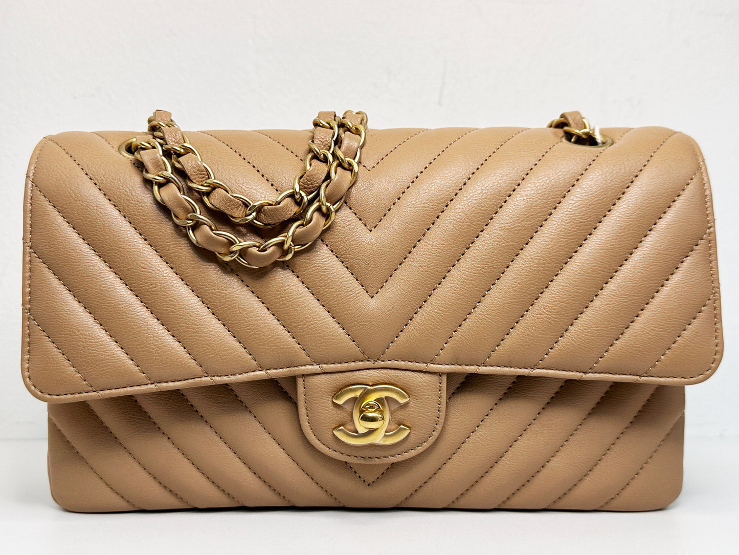 Chanel Calfskin Chevron Quilted Medium Double Flap Beige 2383 holo card