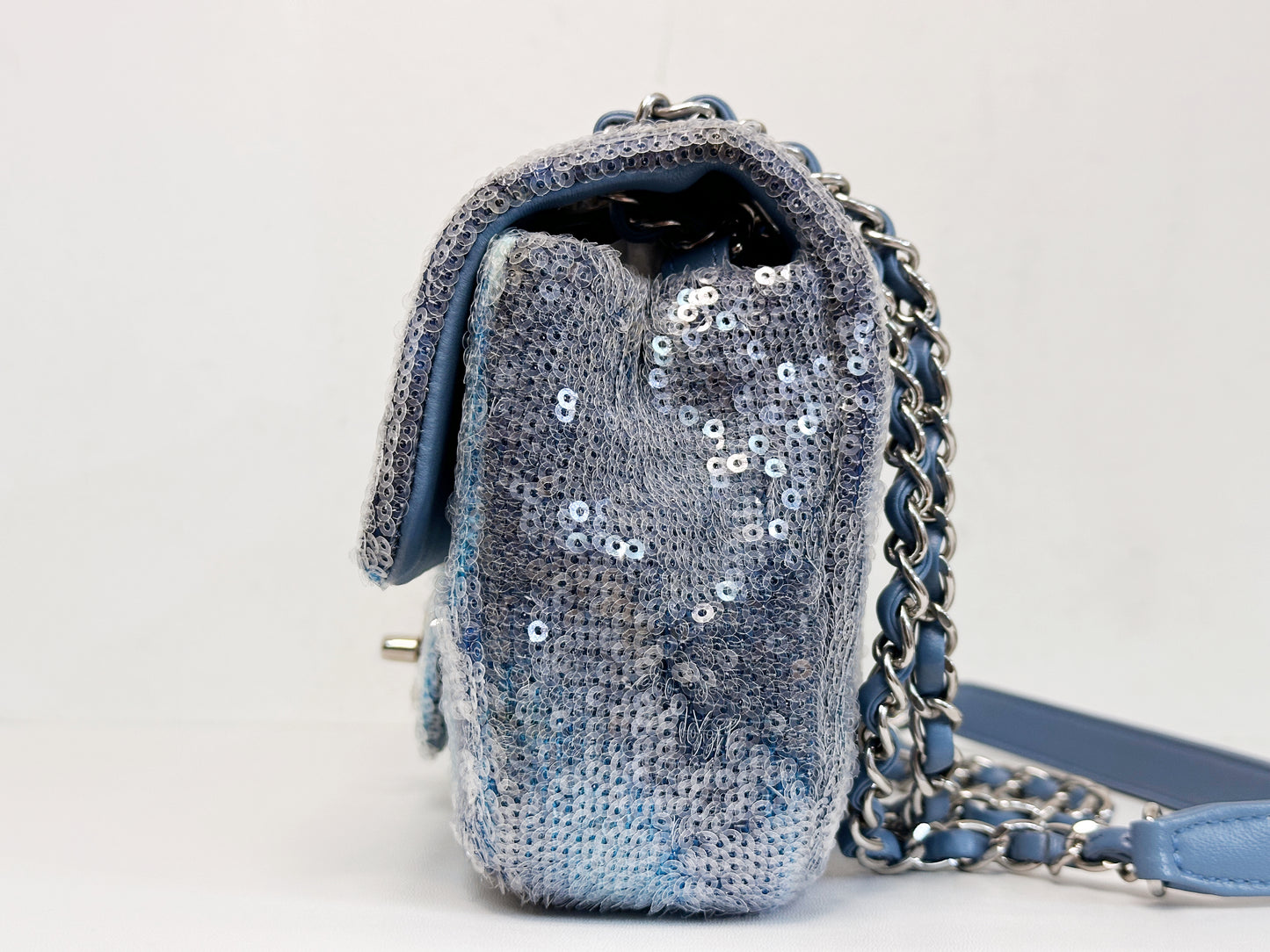 Chanel Sequin Mini Waterfall Light Blue Flap Bag 2590 holo card