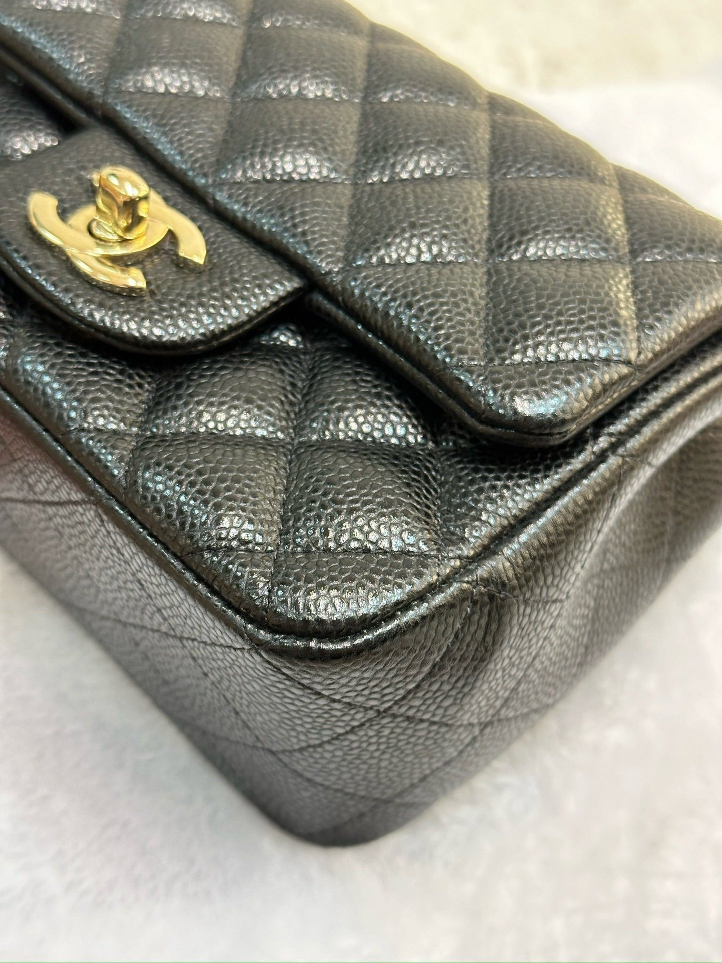 Chanel Mini Square Caviar Flap Bag Black GHW 25 holo card (Chain short than usual)