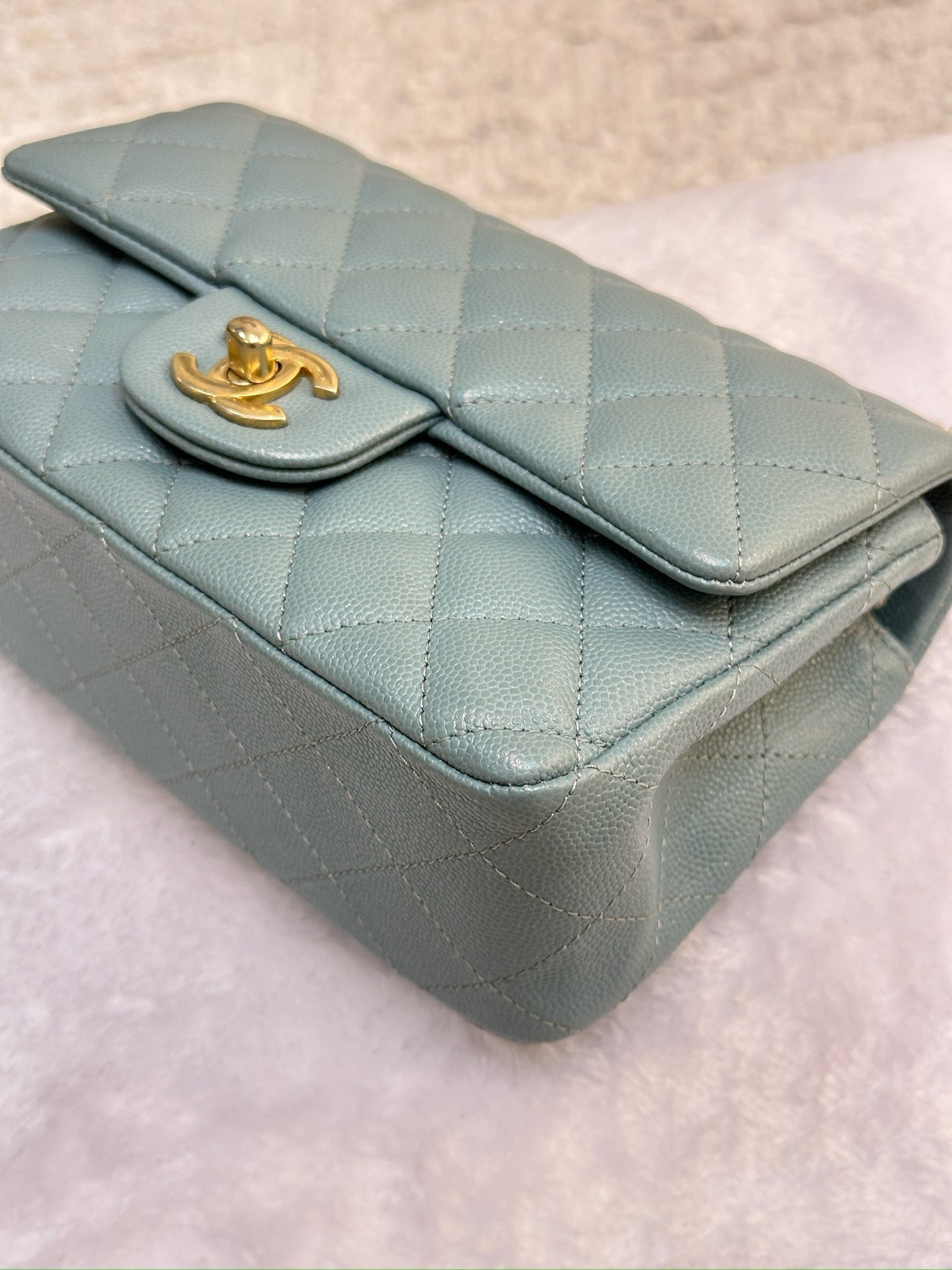 CHANEL Iridescent Caviar Quilted Mini Rectangular Flap Light Blue 18C