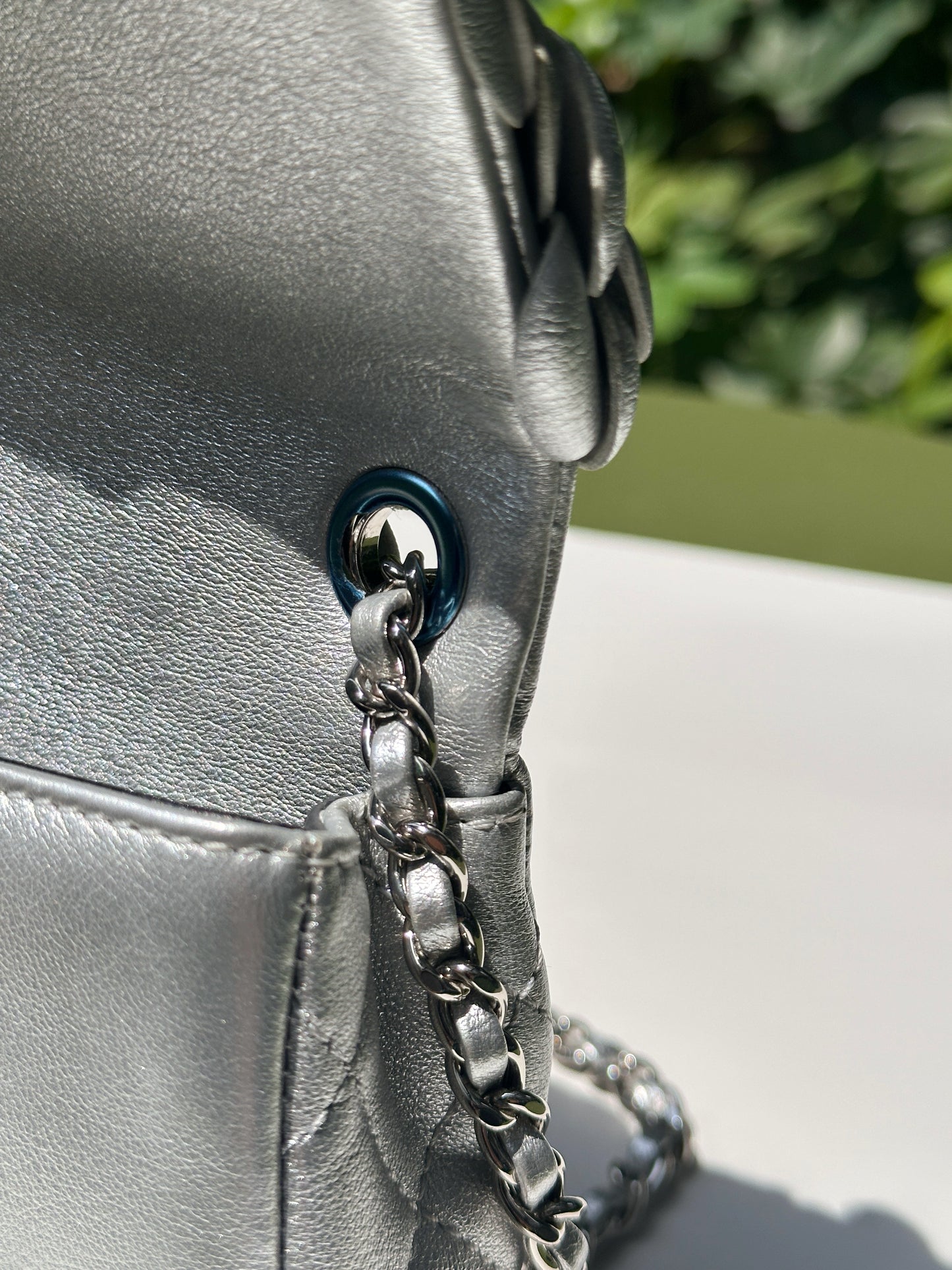 Chanel Mini Camellia Lambskin Shiny Silver SHW 2245 holo