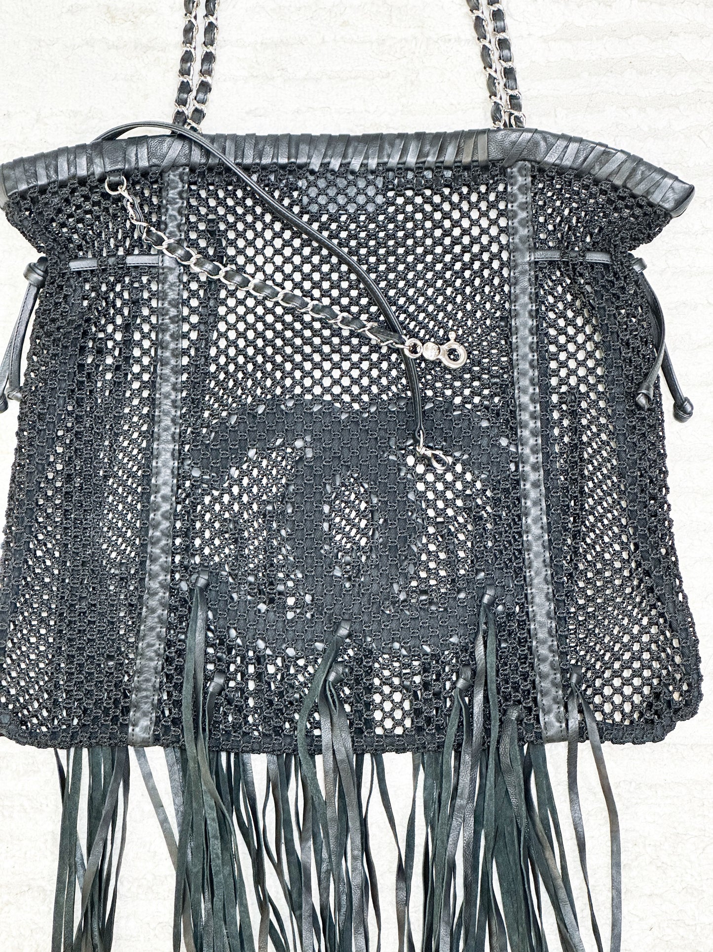 Chanel Limited Edition Resort 2011 Black Fringe Mesh Tote Bag 1373 holo card