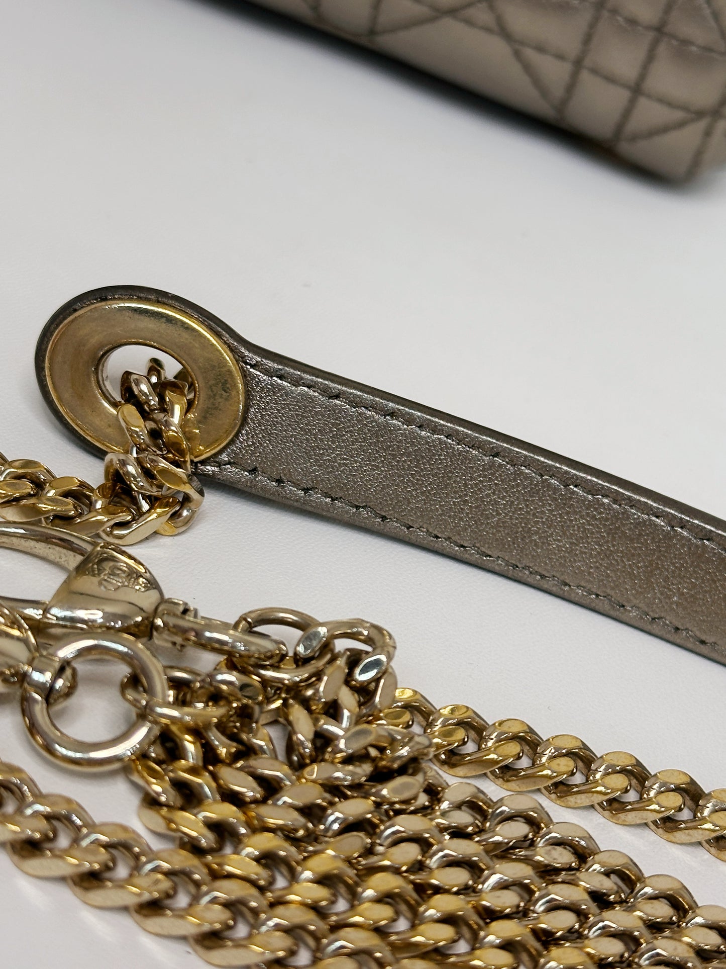 CHRISTIAN DIOR LADY MINI CALFSKIN CANNAGE BRONZE METALLIC GOLDEN HARDWARE CHAIN STRAP