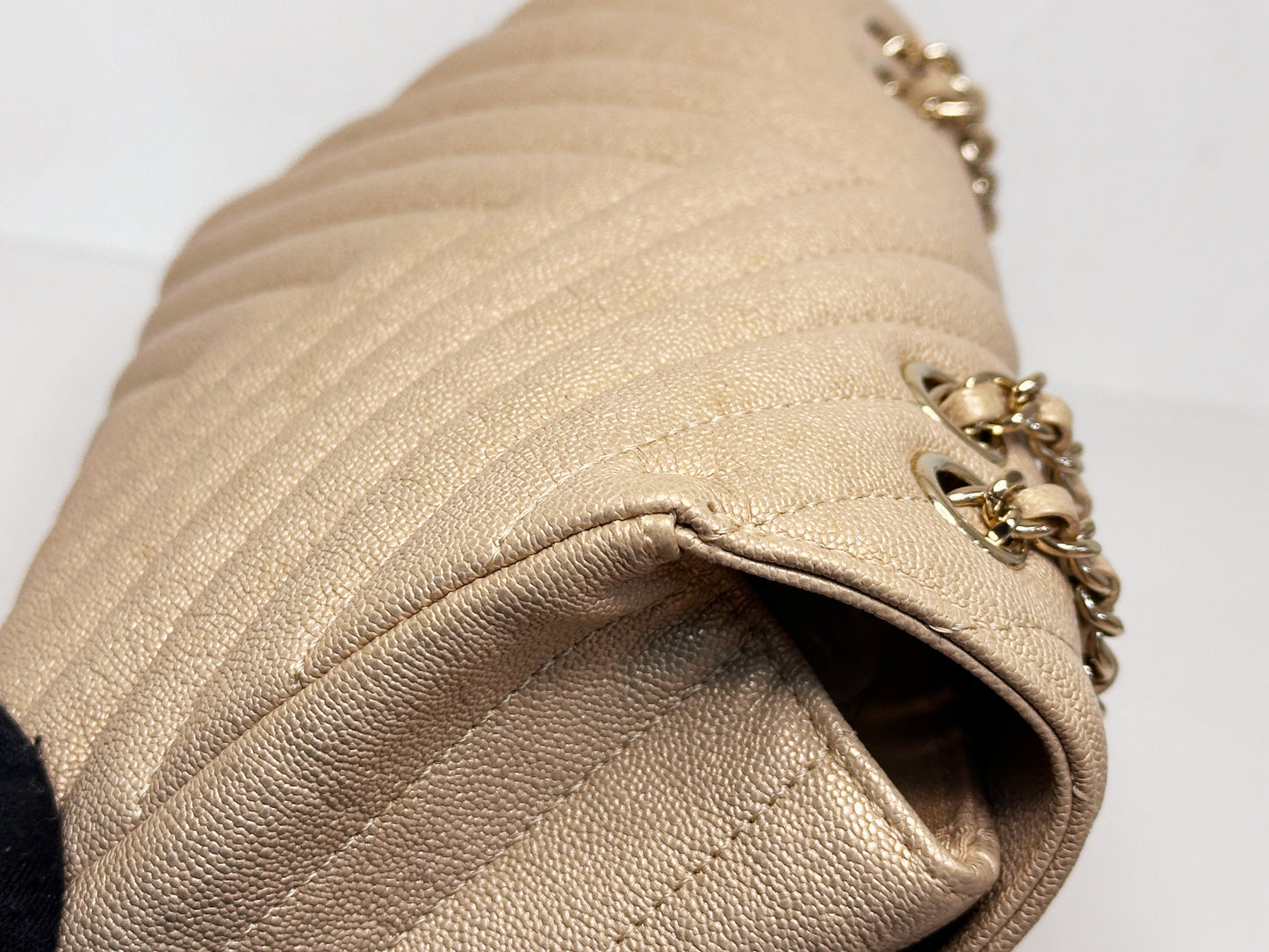 Chanel Mini Statement Metallic Caviar Chevron Quilted Flap Beige LGHW 2835 holo card