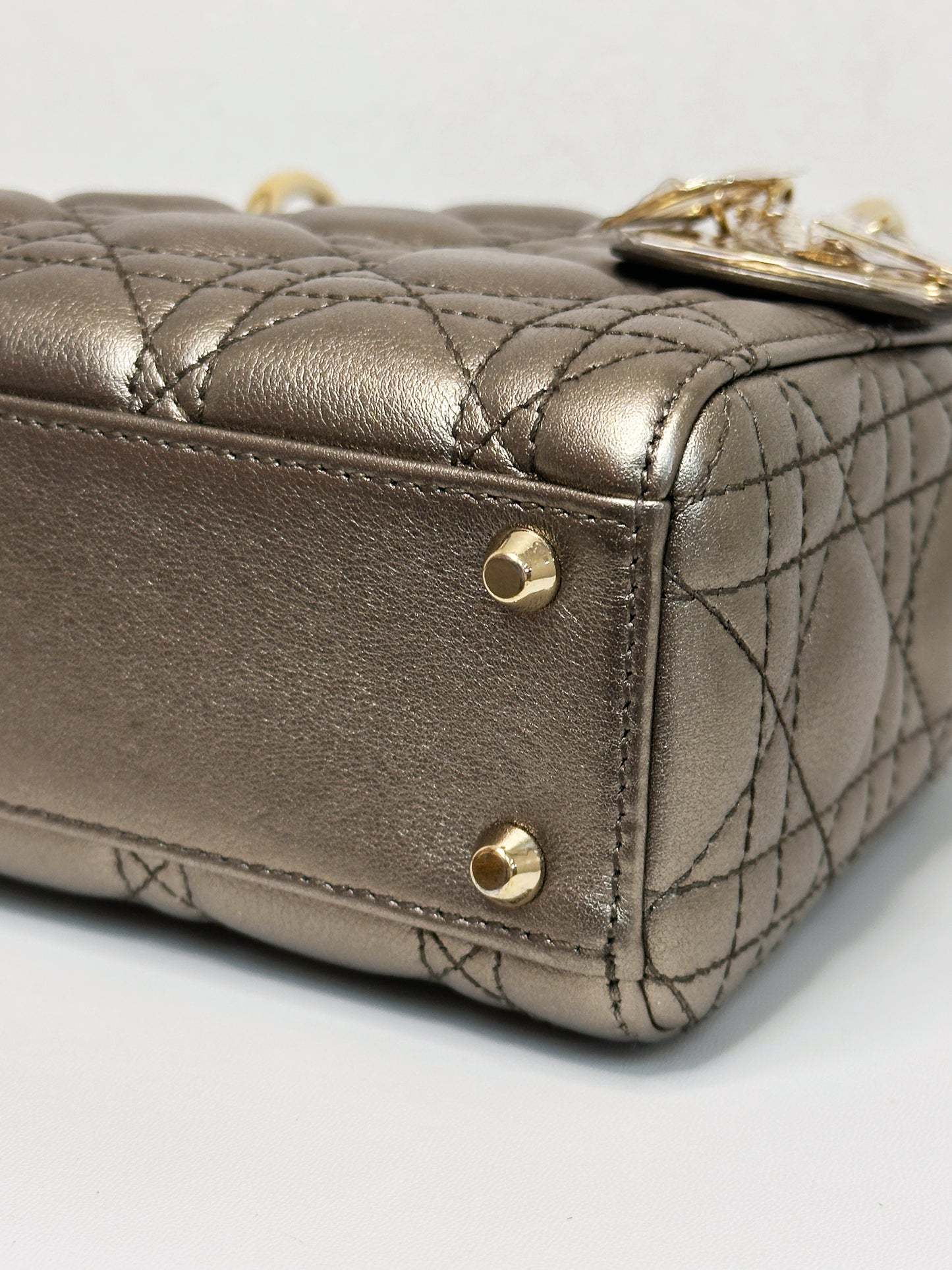 CHRISTIAN DIOR LADY MINI CALFSKIN CANNAGE BRONZE METALLIC GOLDEN HARDWARE CHAIN STRAP