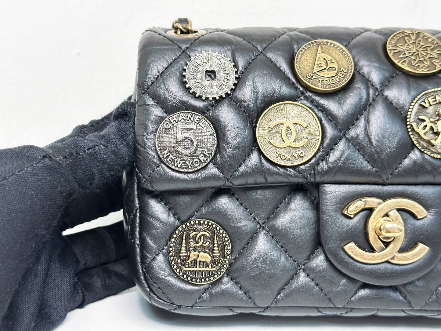 Chanel Mini Limited Edition Aged Calfskin Quilted Medallion Flap Black GHW 2063 holo card