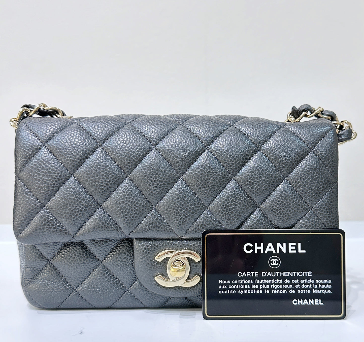 Chanel Classic Mini Rectangular 18S Dark Gray/Grey Quilted Caviar LGHW