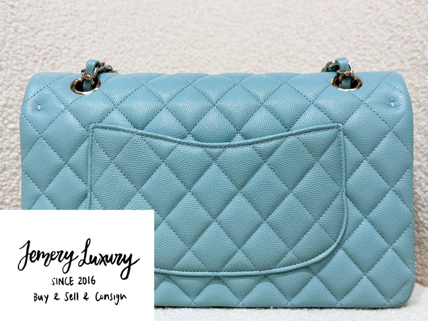 Chanel Classic Flap Medium 20C Tiffany Blue Caviar Light Gold Hardware 294 holo card
