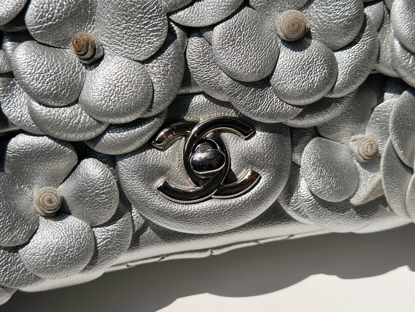 Chanel Mini Camellia Lambskin Shiny Silver SHW 2245 holo