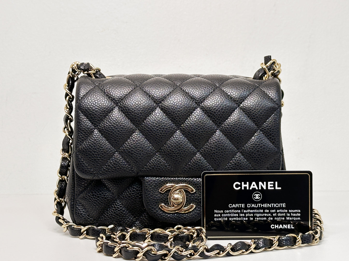 Chanel Mini Square Classic Quilted Caviar Single Flap Bag Black LGHW 2564 holo card