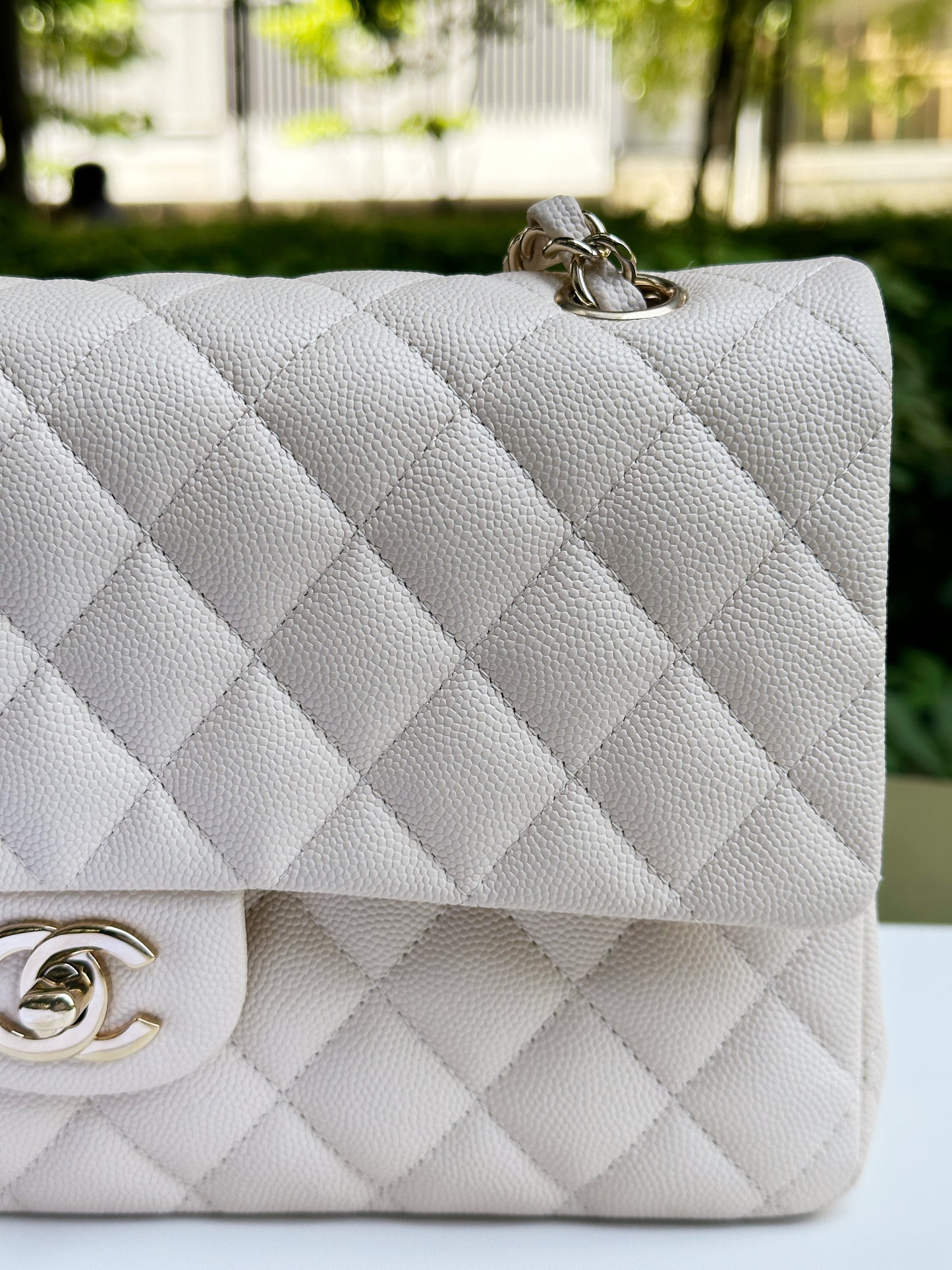 Chanel Medium Caviar Classic Quilted Double Flap Ivory Light Beige Bag LGHW