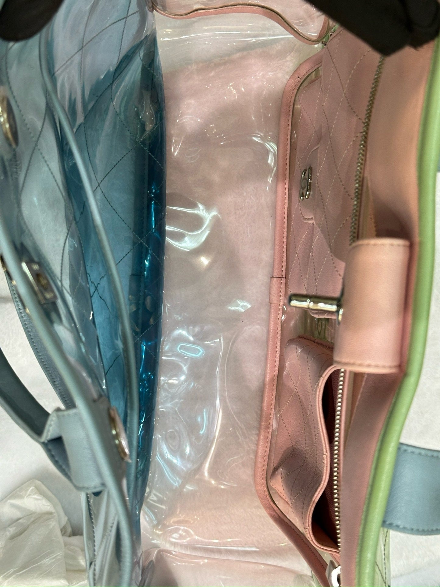 Chanel Lambskin PVC Quilted Medium Coco Splash Shopping Bag Blue Green Pink