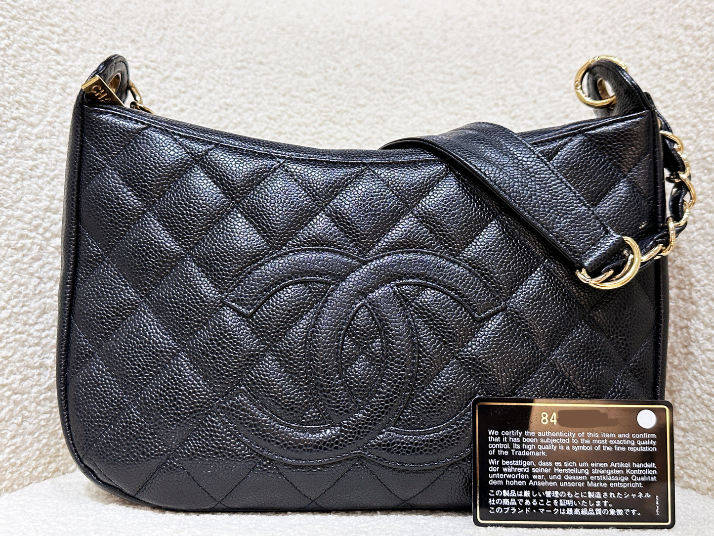 Chanel Black Quilted Caviar CC Logo Chain Shoulder Bag GHW 84 holo card