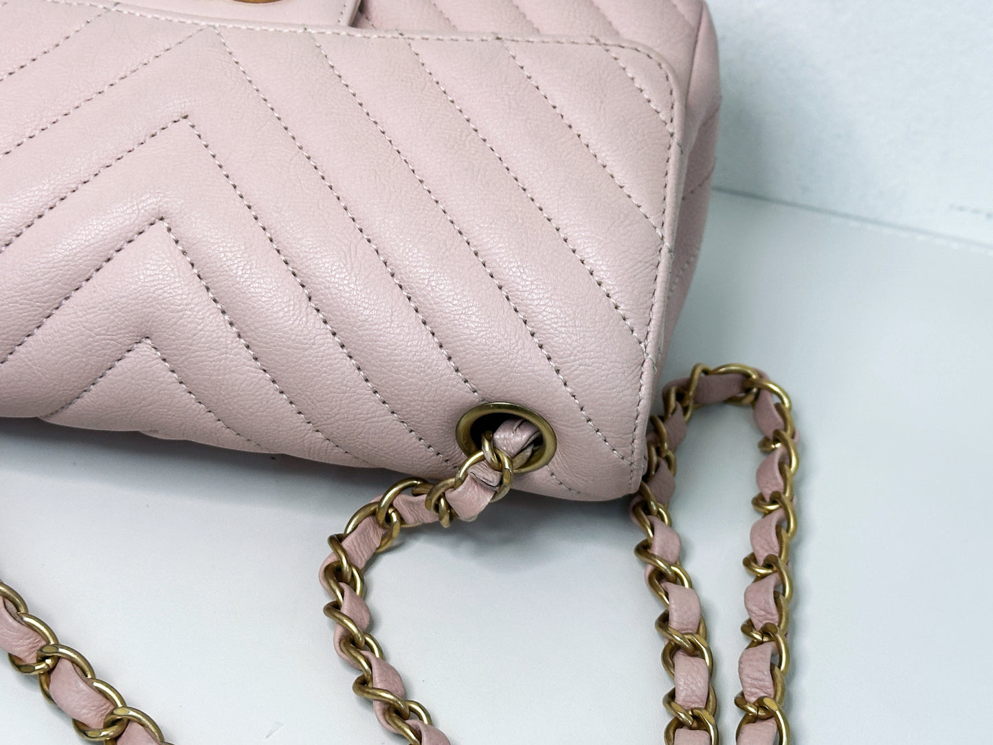 Chanel Classic Mini Rectangular 17C Light Pink Chevron Calfskin with brushed gold hardware 2383 holo card