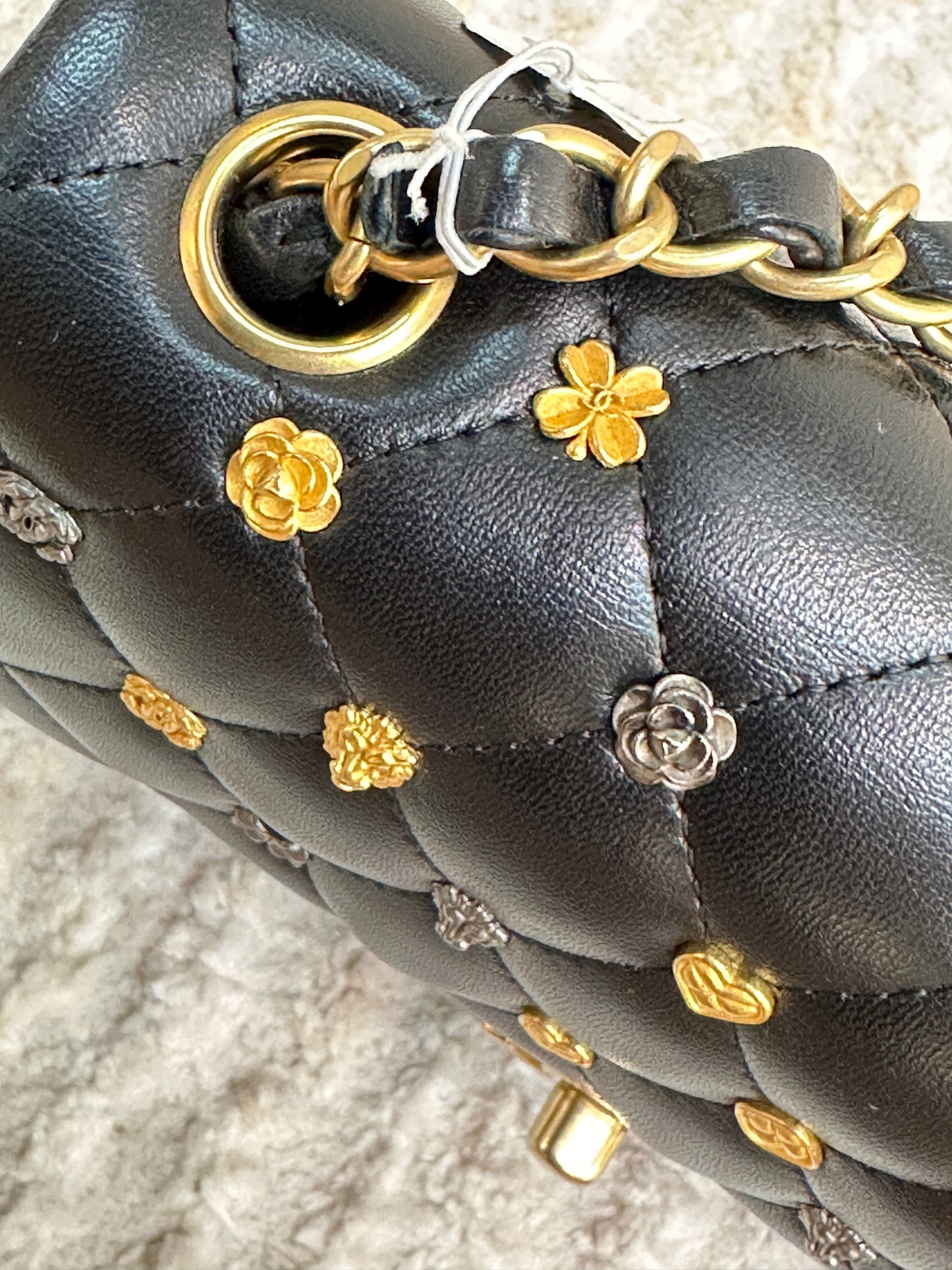 CHANEL Lambskin Quilted Studded Mini Rectangular Flap Black