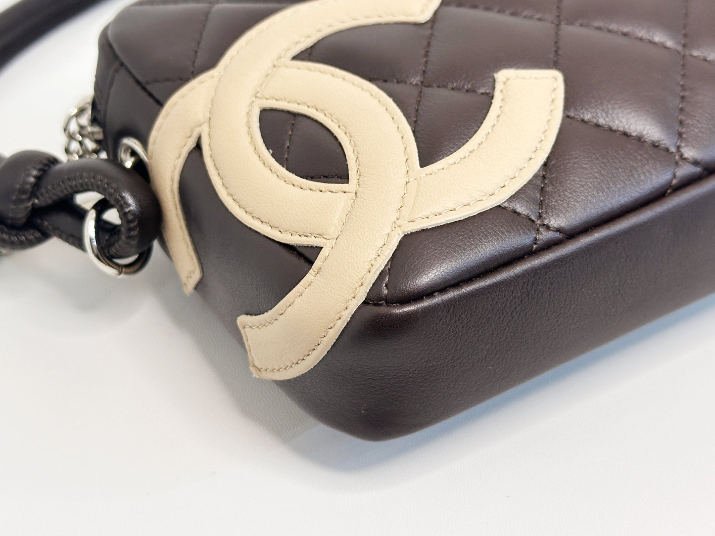 Chanel Calfskin Quilted Cambon Pochette Dark Brown 928 holo card