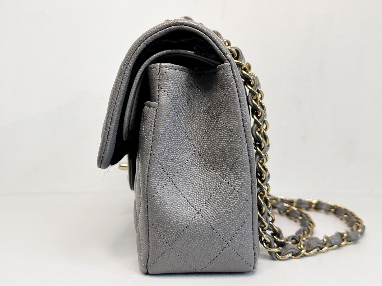 Chanel Small Caviar Quilted Double Flap Bag Grey LGHW EK81 microchip