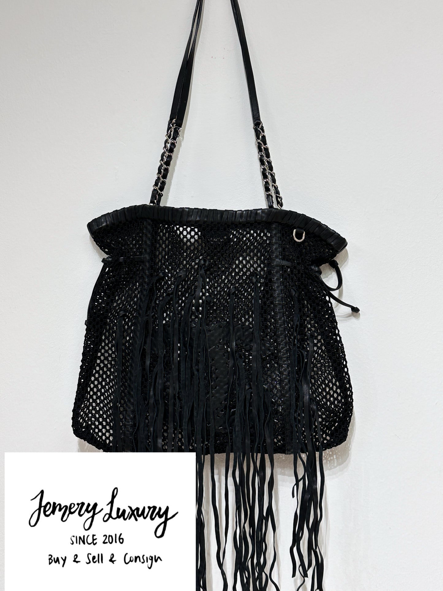 Chanel Limited Edition Resort Black Fringe Mesh Tote Bag 1426 holo
