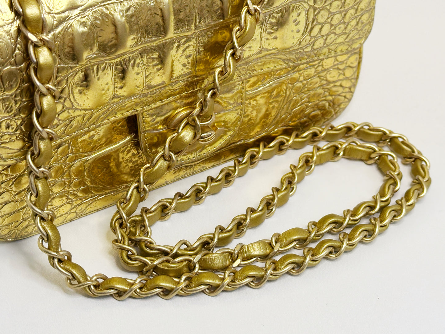 Chanel Mini Calfskin Crocodile Embossed Rectangular Gold Metallic Flap Bag 2813 holo card